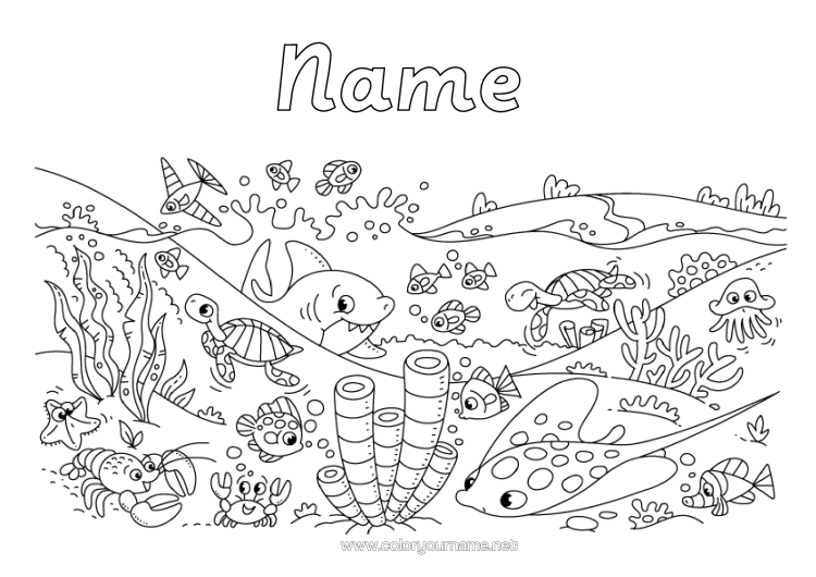 Colouring page to print Tortoise Sea Animal Shark Skate Starfish Marine Or Aquatic Animals Reptiles Octopus Lobster Sea Turtle Seabed
