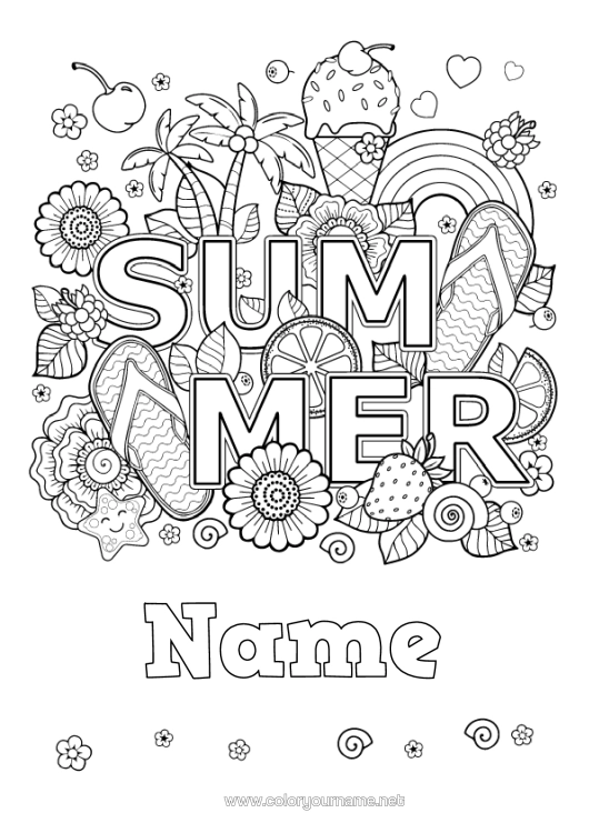 Colouring page to print Mandala Summer Rainbow Palm Tree Treats, Sweets Ice Cream Symbols Tongue