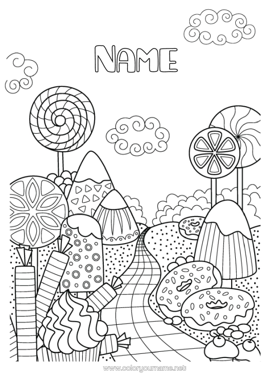 Colouring page to print Doughnuts Treats, Sweets Ice Cream Complex Colouring Pages Biscuit Pacifier Mountain