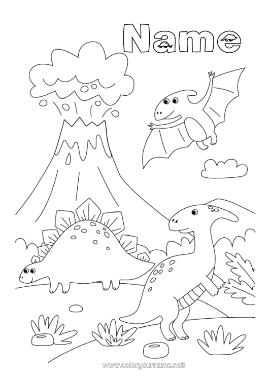 Colouring page to print Dinosaurs Volcano Animal Stegosaurus Parasaurolophus
