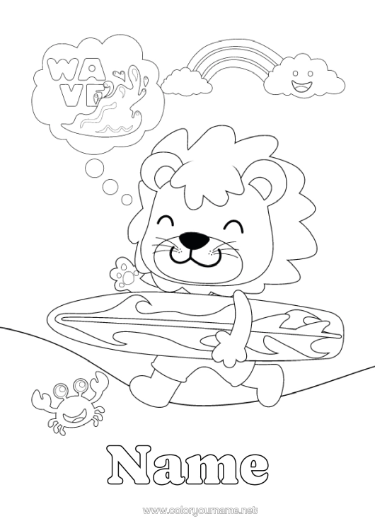 Colouring page to print Sport Lion Holidays Summer Beach Animal Surfing Wild Animals Of Africa Water Sports