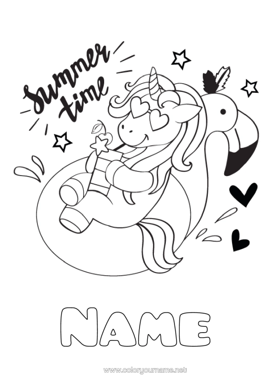 Colouring page to print Unicorn Summer Animal Pink Flamingo Dragons, Unicorns, And Fantastical Creatures Birds And Flying Mammals Buoy Swimming Pool