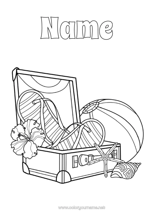 Colouring page to print Holidays Summer Shellfish Marine Or Aquatic Animals Hibiscus Beach Ball Games And Toys Luggage And Bags
