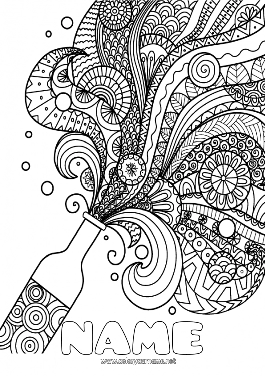 Coloring page to print Birthday Mandala Happy new year Champagne