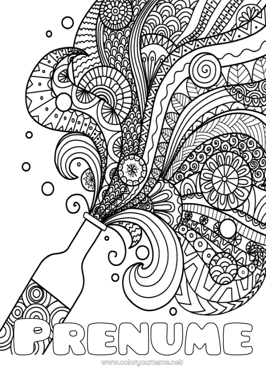 Pagină de colorat de imprimat Aniversare Mandala La mulți ani! Champagne