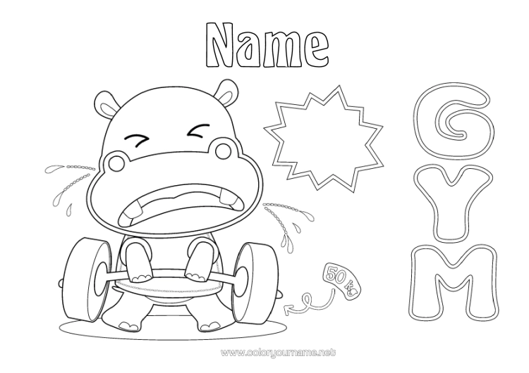 Colouring page to print Sport Hippopotamus Animal Wild Animals Of Africa Gymnastics Artistic Sports Weightlifting