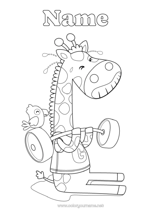 Colouring page to print Sport Giraffe Animal Wild Animals Of Africa Weightlifting
