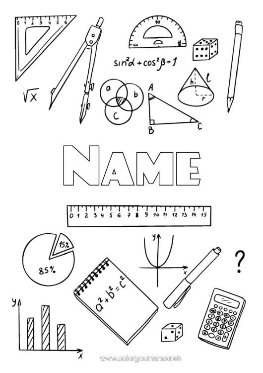 Colouring page to print Pencil Back To School Stationery Supplies Square Calculator Mathematics Geometric Shapes Compass Notebook Cover