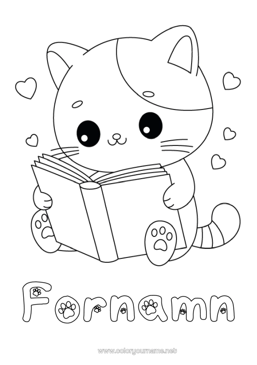 Färgläggningssida att skriva ut Söt Hjärta Katt Söt Djur Bok Hundar och katter Läsning