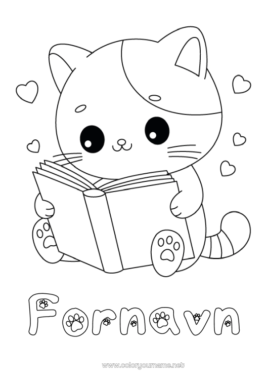 Farvelægningssiden til udskrivning Sød Hjerte Kat Kawaii Dyr Bog Hunde og katte Lekture