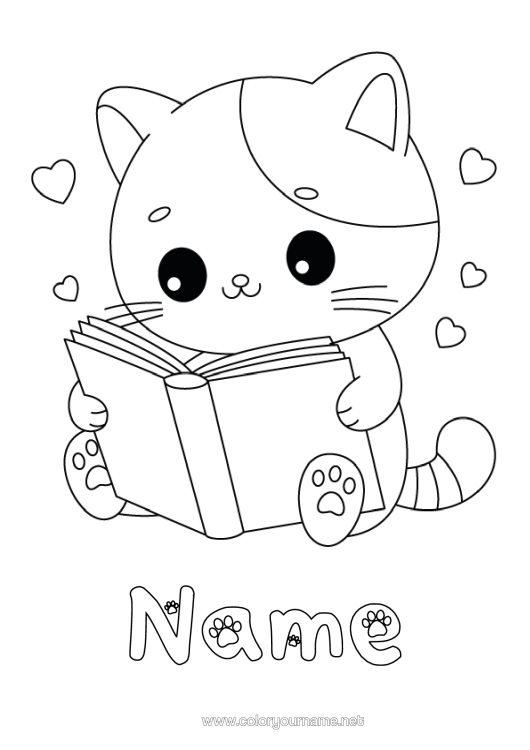 Colouring page to print Cute Heart Cat Cute Animal Book Dogs And Cats Reading