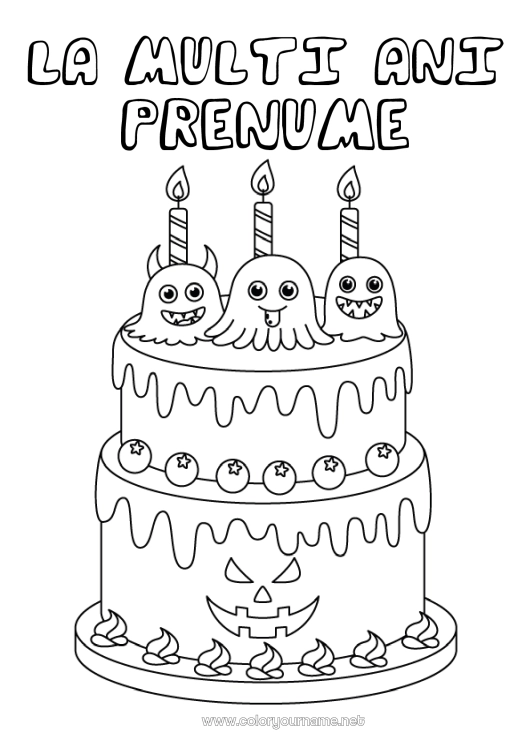Pagină de colorat de imprimat Fantomă Monstru Tort Halloween Aniversare