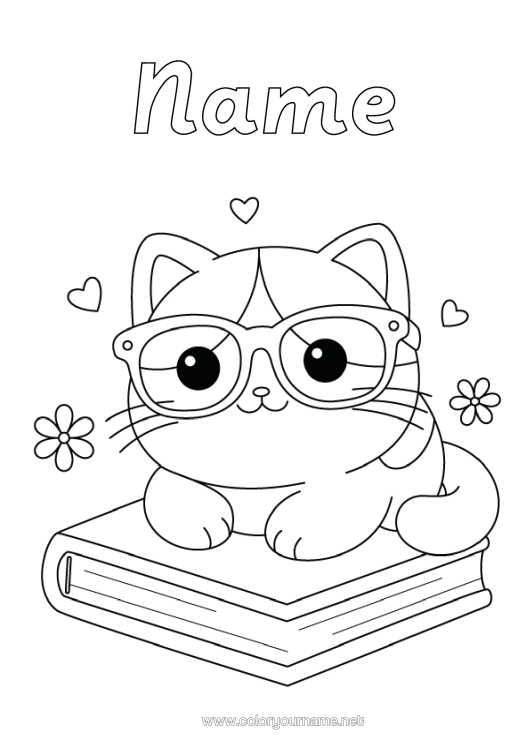 Colouring page to print Cute Cat Cute Animal Book Dogs And Cats Reading Glasses