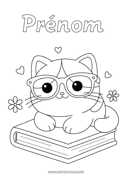 Coloriage à imprimer Mignon Chat Kawaii Animal Livre Chiens et chats Lecture Lunettes