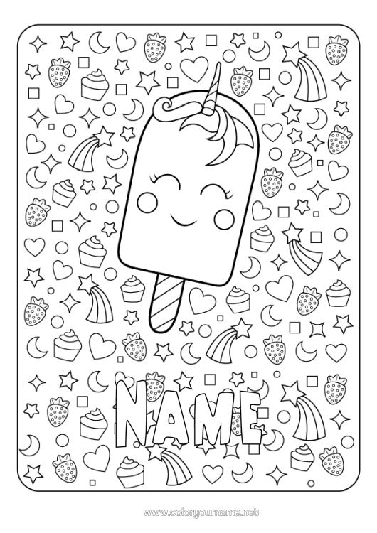 Colouring page to print Cute Unicorn Treats, Sweets Ice Cream Dragons, Unicorns, And Fantastical Creatures