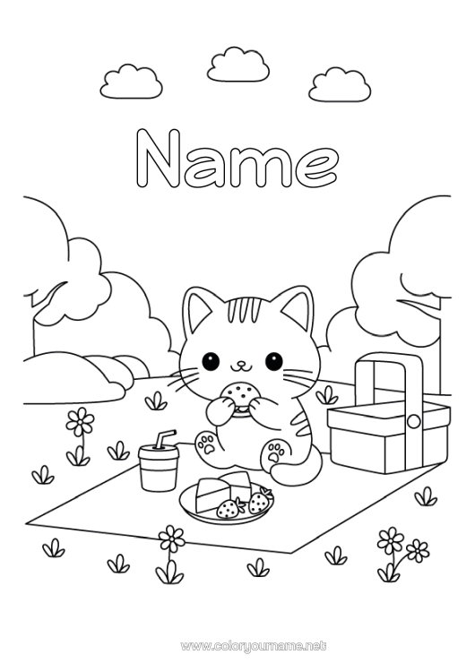 Colouring page to print Cute Cat Cute Animal Basket Drink Fizz Hamburger Dogs And Cats Picnic Cheese