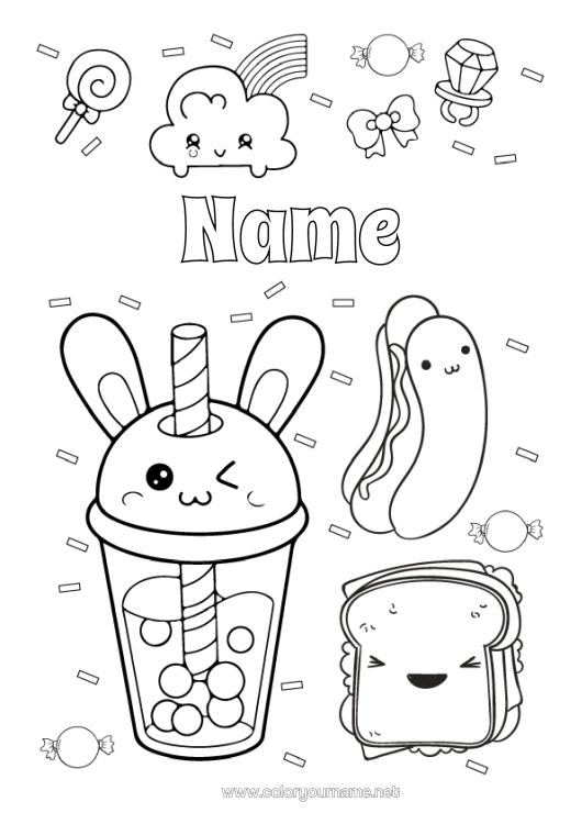 Colouring page to print Cute Rainbow Ring Drink Treats, Sweets Pacifier Hot Dog Bubble Tea Sandwich