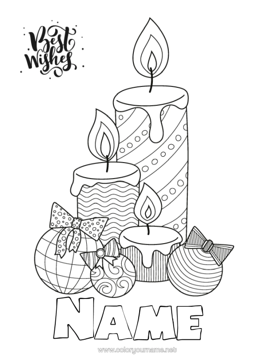 Colouring page to print Candle Christmas Bauble Happy New Year "Happy New Year"