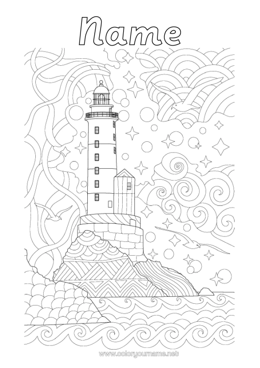 Colouring page to print Zentangle Lighthouse Island