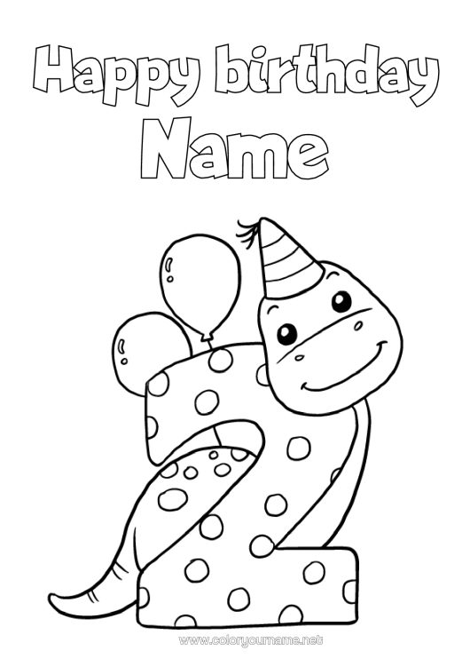 Colouring page to print Birthday Dinosaurs Figure Happy Birthday Message Big Number Age Two