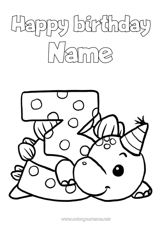 Colouring page to print Birthday Dinosaurs Figure Happy Birthday Message Big Number Age Three