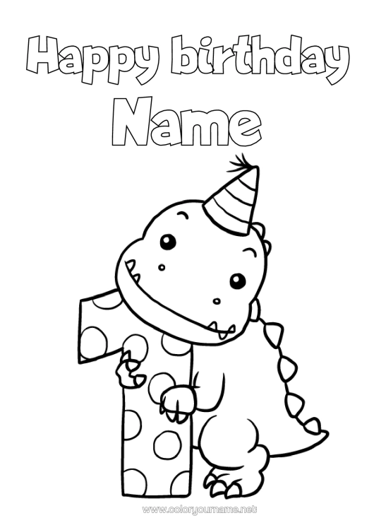Colouring page to print Birthday Dinosaurs Figure Happy Birthday Message Big Number Age One