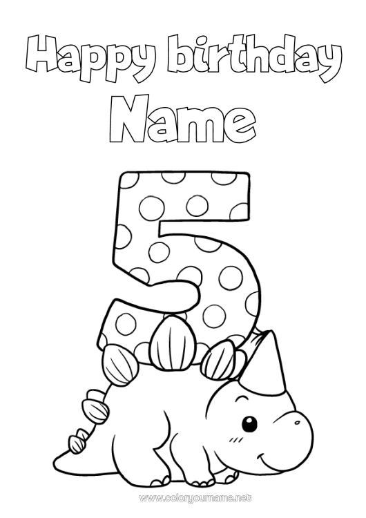 Colouring page to print Birthday Dinosaurs Figure Triceratops Happy Birthday Message Big Number Age Five