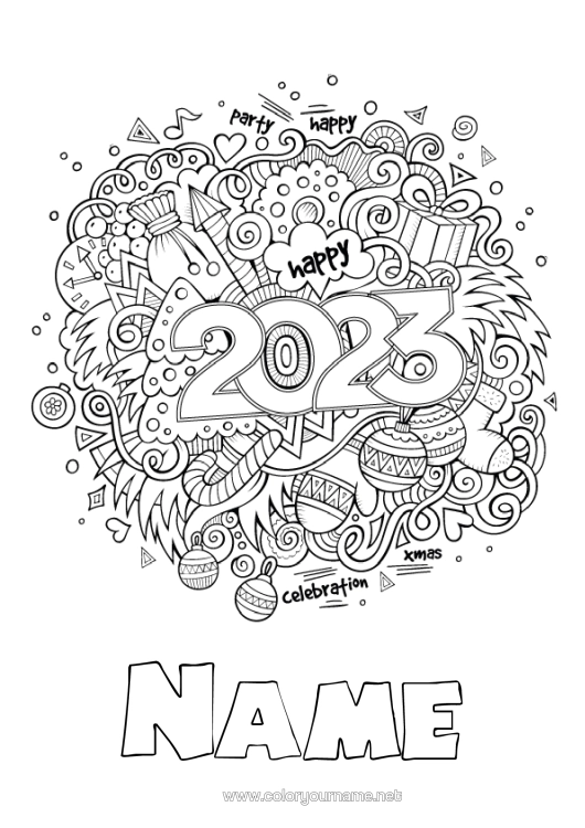 Colouring page to print 2023 Happy New Year