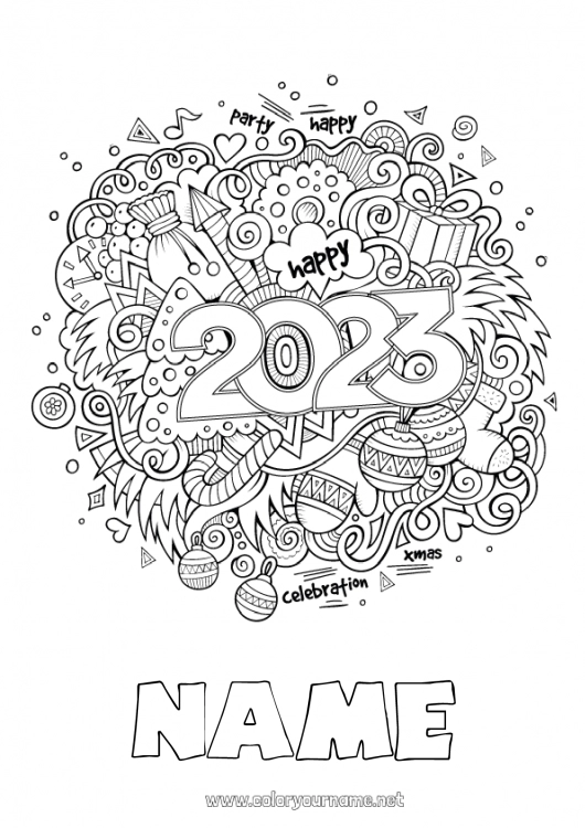 Coloring page to print 2023 Happy new year