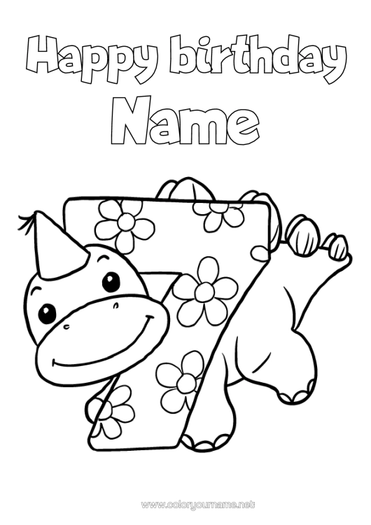 Colouring page to print Birthday Dinosaurs Figure Happy Birthday Message Big Number Age September