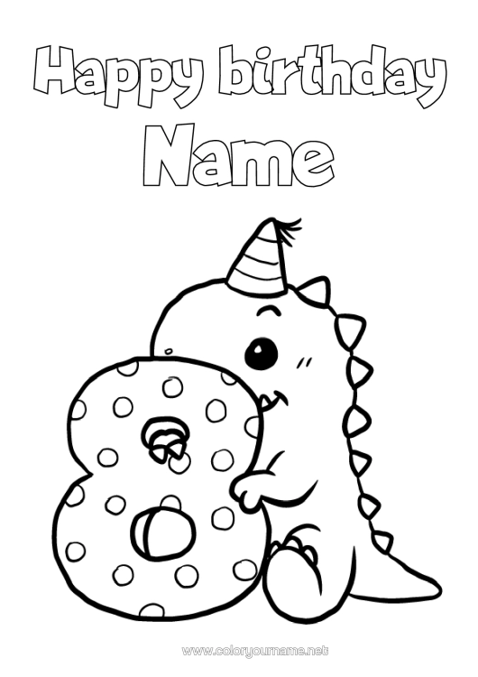 Colouring page to print Birthday Dinosaurs Figure Happy Birthday Message Big Number Age Eight