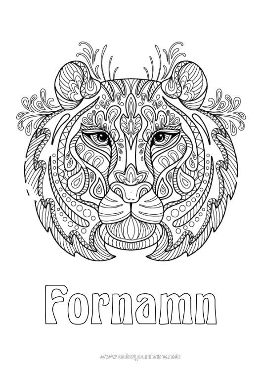 Färgläggningssida att skriva ut Tigern Djur Zentangle Afrikas vilda djur Huvud