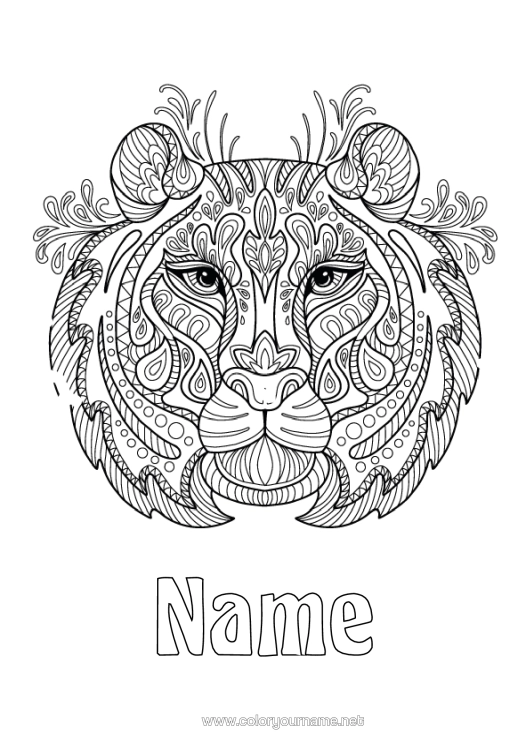 Colouring page to print Tiger Animal Zentangle Wild Animals Of Africa Head