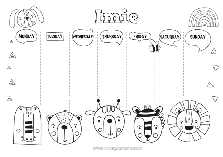 Kolorowanka do wydruku Niedźwiedź Zebra Lew Zając Aktywności dla dzieci Zwierzę Tęcza Szkoła Dzikie zwierzęta Afryki Zwierzęta leśne Powrót do szkoły Kalendarze i planery