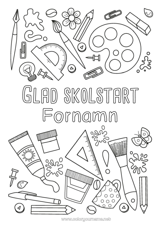 Färgläggningssida att skriva ut Pensel Skola Kafé Dryck Symboler Blyertspenna Skolstart Skolmaterial Vinkelmått Rapportör Målning