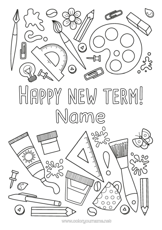 Colouring page to print Brush School Café Drink Symbols Pencil Back To School "Happy Return To School!" Stationery Supplies Square Rapporteur Painting