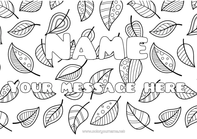 Colouring page to print Leaves Decorated Name Zentangle Decorative Background