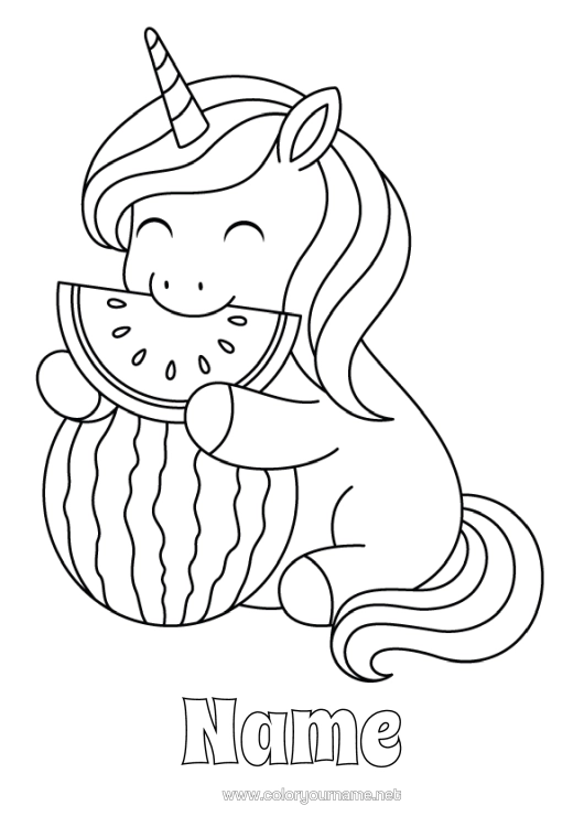 Colouring page to print Cute Unicorn Animal Fruit Dragons, Unicorns, And Fantastical Creatures Watermelon