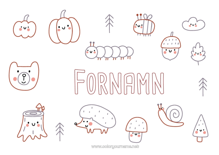 Färgläggningssida att skriva ut Pumpa Björn Igelkott Höst Djur Snigel Symboler Doodle Skogens djur Kottar Trädstam