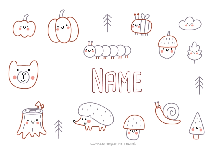 Colouring page to print Pumpkin Bear Hedgehog Autumn Animal Snail Symbols Doodle Forest Animals Gland Tree Stump