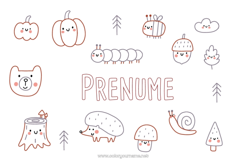Pagină de colorat de imprimat Dovleac Urs Arici Toamnă Animal Melc Simboluri Doodle Animale din pădure Gland Butuc de copac