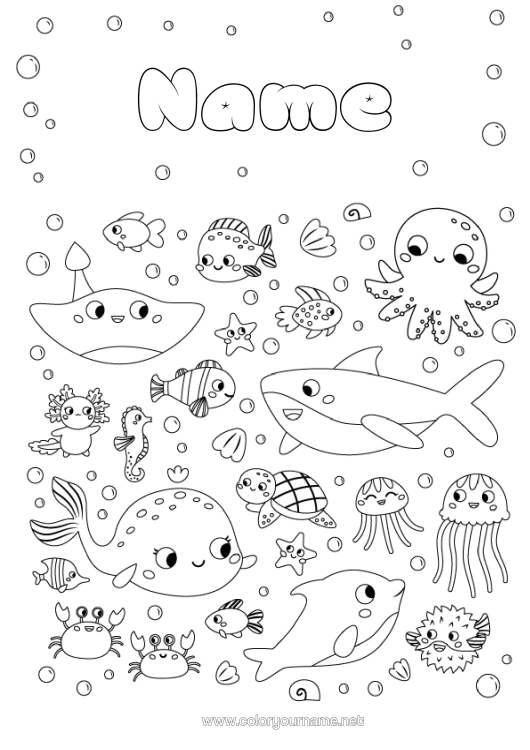 Colouring page to print Tortoise Sea Animal Dolphin Fish Seahorse Crab Shark Skate Starfish Marine Or Aquatic Animals Reptiles Octopus Sea Turtle