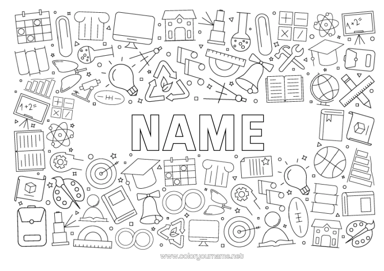 Colouring page to print Bell School Symbols Reading Pencil Globe Back To School Student Cap Stationery Supplies Rapporteur Science