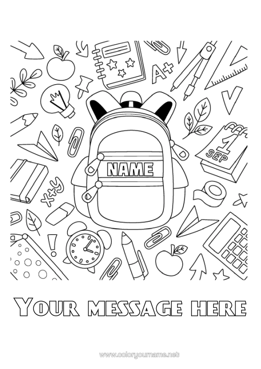 Colouring page to print School Book Reading School Bag Back To School Stationery Supplies Alarm Clock Pencil Case Calculator Compass