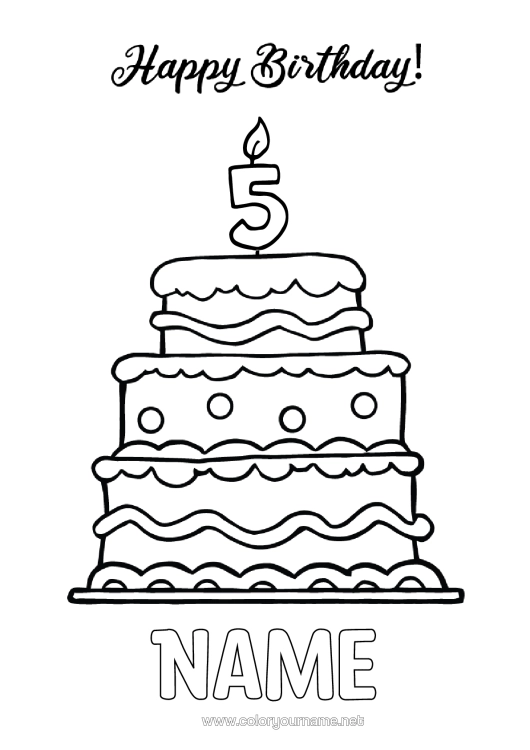 Colouring page to print Candle Cake Birthday Figure Easy Colouring Pages Happy Birthday Message Customisable Age Celebrated