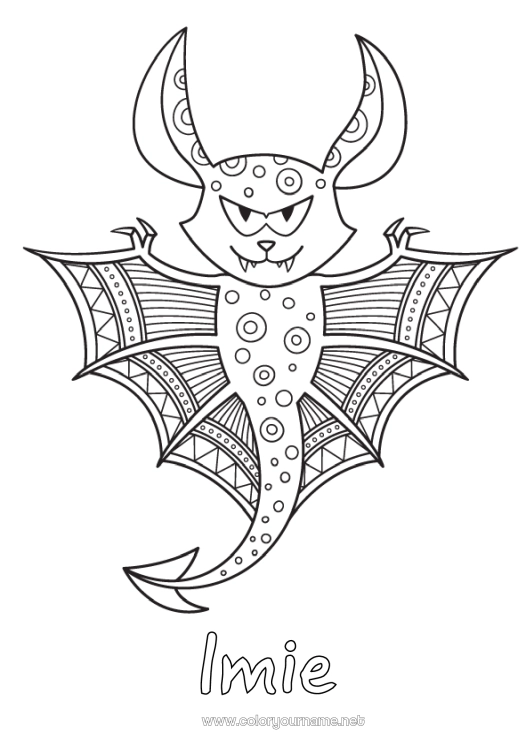 Kolorowanka do wydruku Nietoperz Zwierzę Zentangle Ptaki i latające ssaki Przerażający