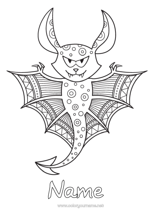 Colouring page to print Bat Animal Zentangle Birds And Flying Mammals Scary
