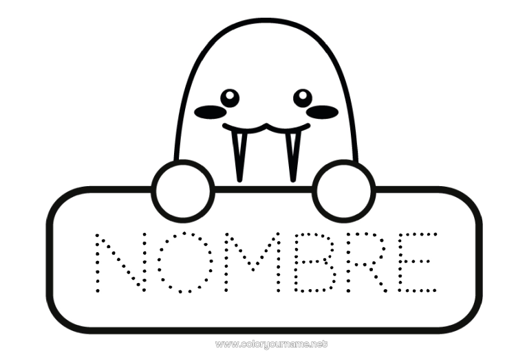 Dibujo para colorear para imprimir Kawaii Animales Animales marinos o acuáticos Morsa Regreso a clases Etiquetas