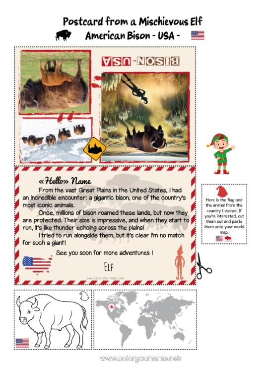 Colouring page to print Animal United States Of America Other Animals Of The World Mischievous Elf's Journey Postcard Postcard Of A Single Elf Bison A Single Mischievous Elf