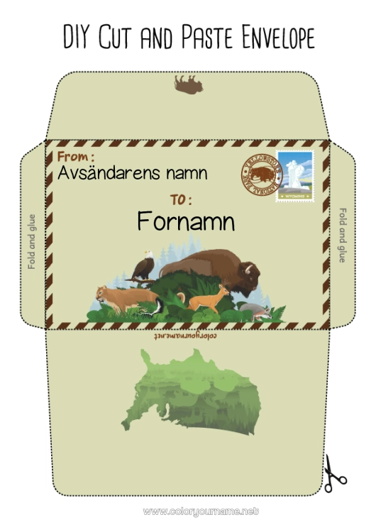 Färgläggningssida att skriva ut Djur USA Kuvert Andra djur i världen Utskriftskuvert Julälvens resa Bison Kuvert för tomtens post